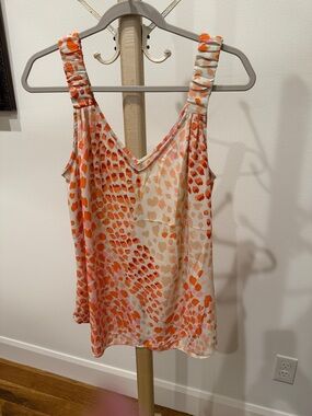 CAbi Orange and Cream Patterned Ruched-Strap Camisole Blouse